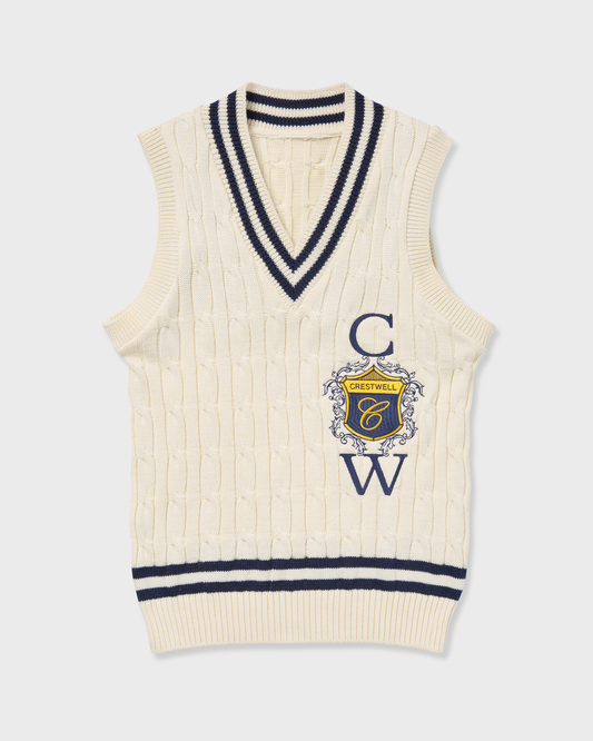 Sovereign Vest cream with navy stripes, alternate front