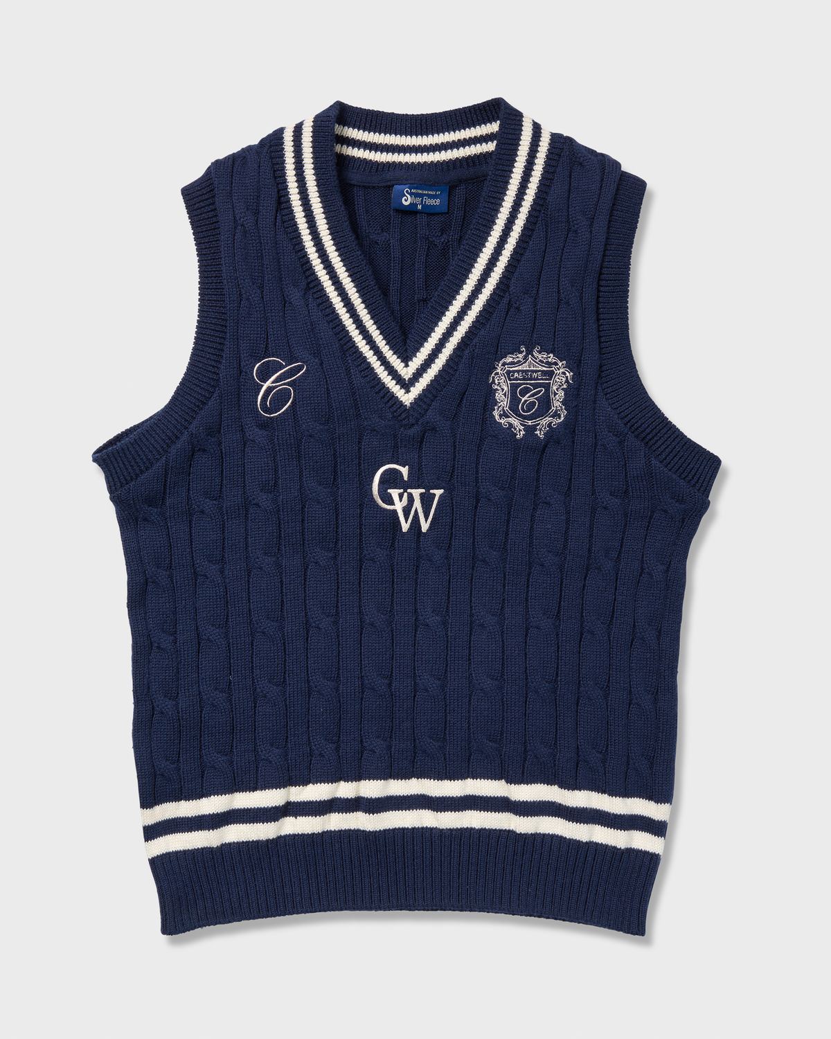 Sovereign Vest cream with navy stripes, front
