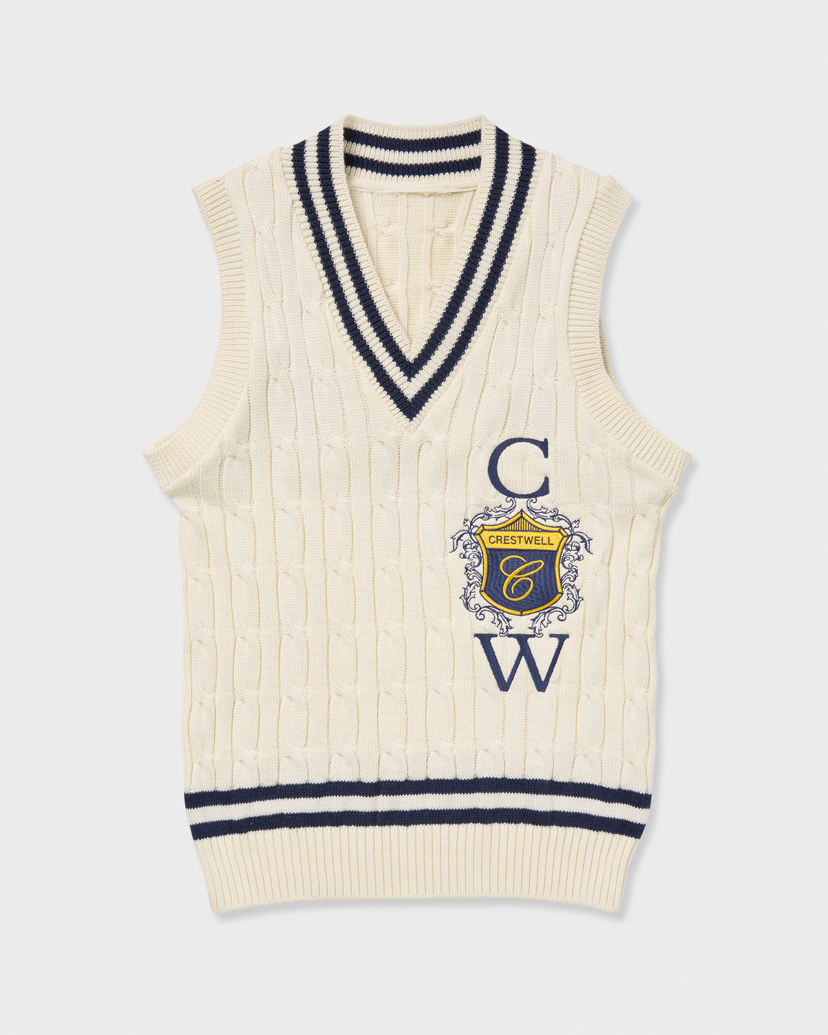 Sovereign Vest cream with navy stripes, alternate front